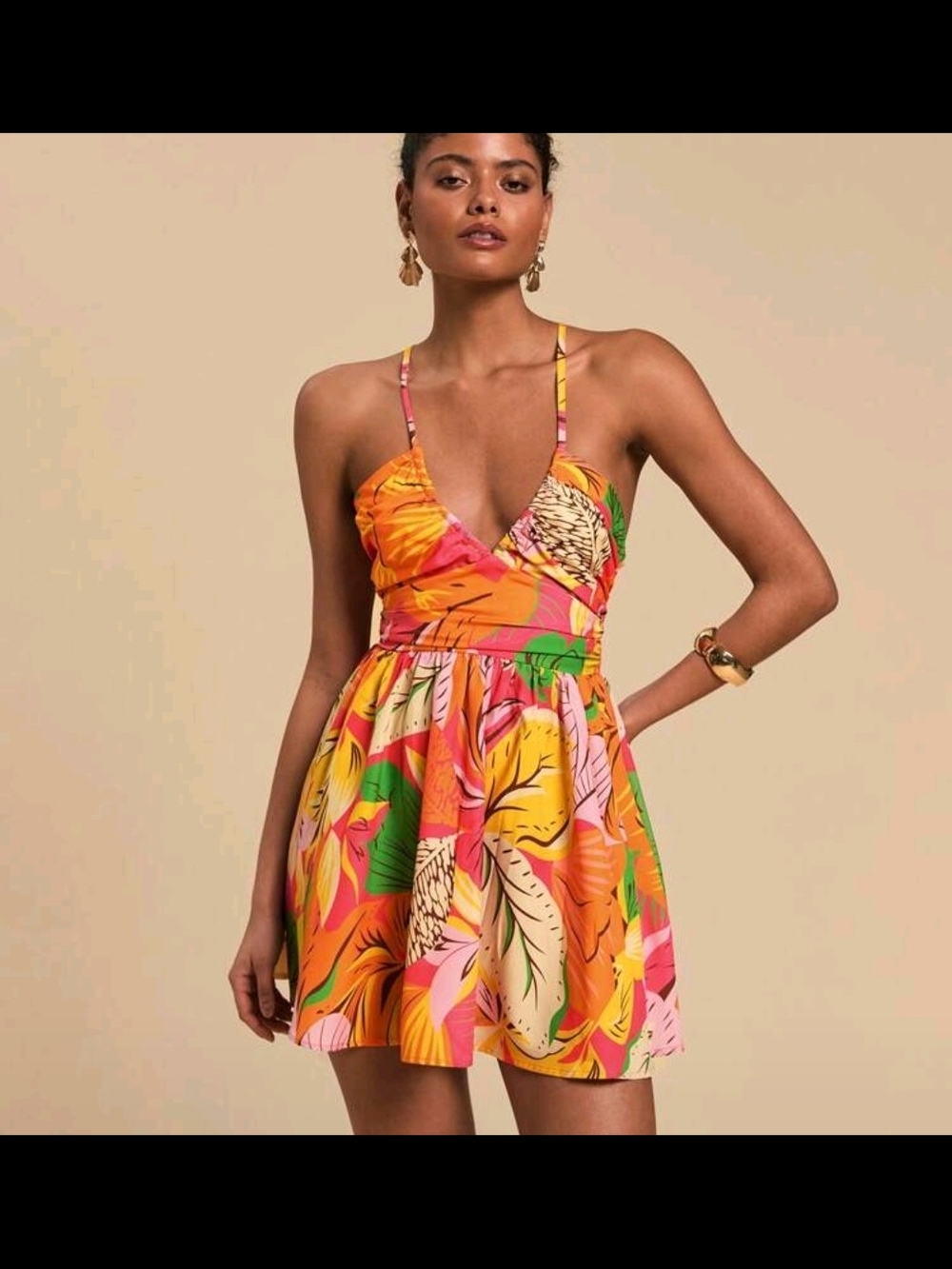 SHEIN Tropical Print Spaghetti Strap Mini Dress in Pink, Orange, Green Sz XL